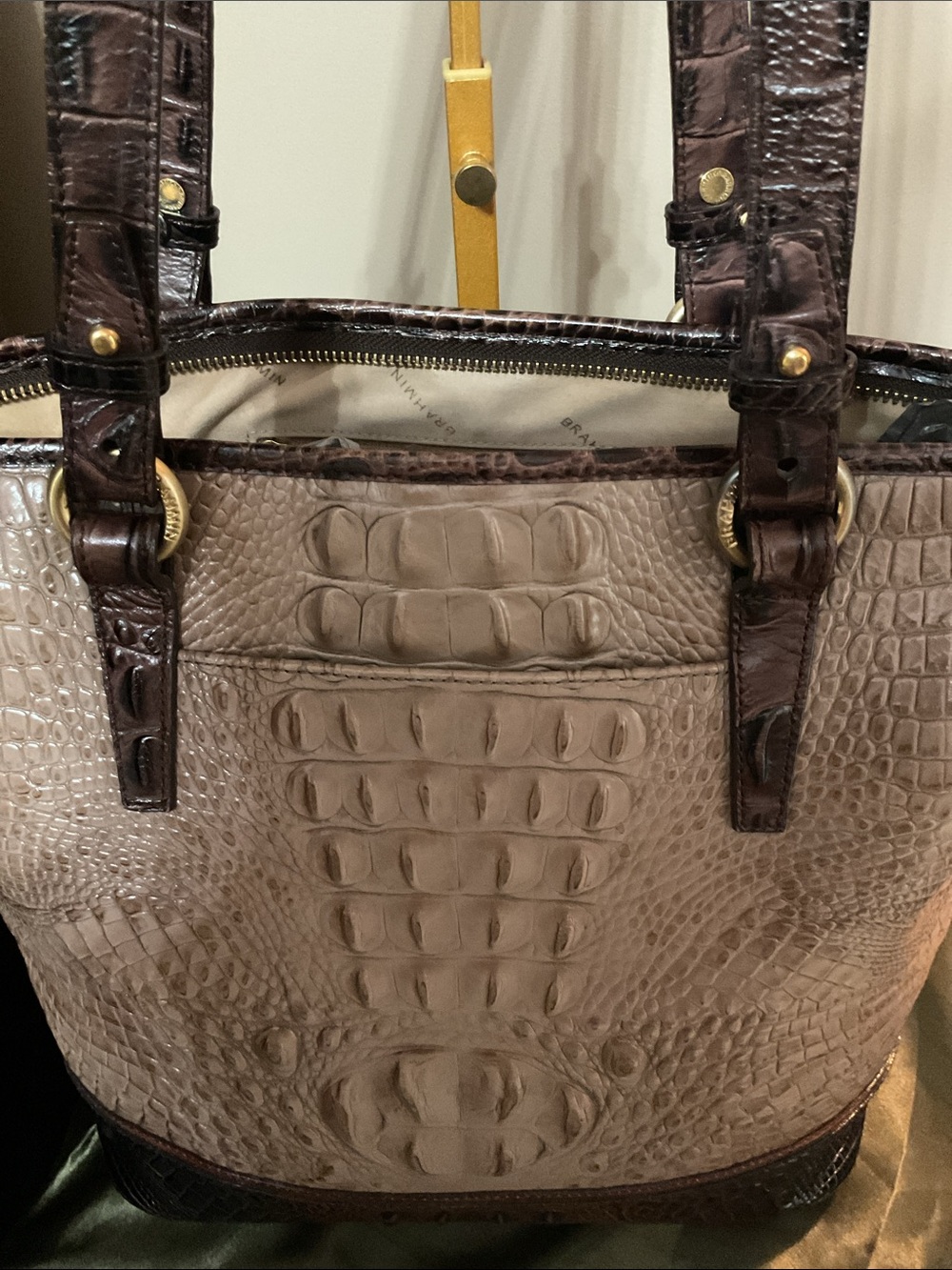 Brahmin Asher Taupe Croc-Embossed Tote with Dark Brown Trim and Gold Accents - Picture 4 of 12